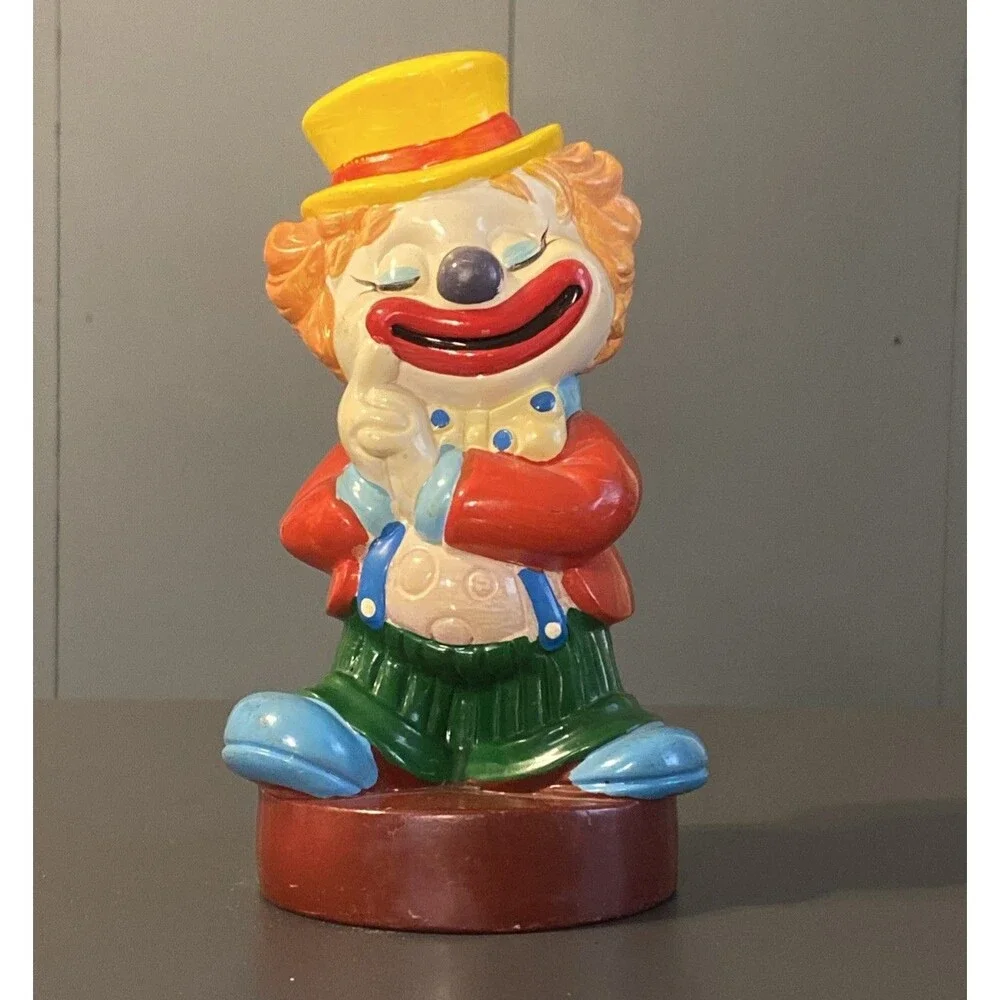 Vintage Clown Plastic Coin Piggy Bank Made in Taiwan 7” Tall Colorful Smiling
